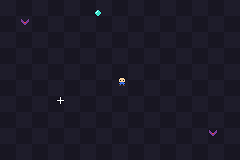 Sprite demo: the player collects a gem while bats fly around